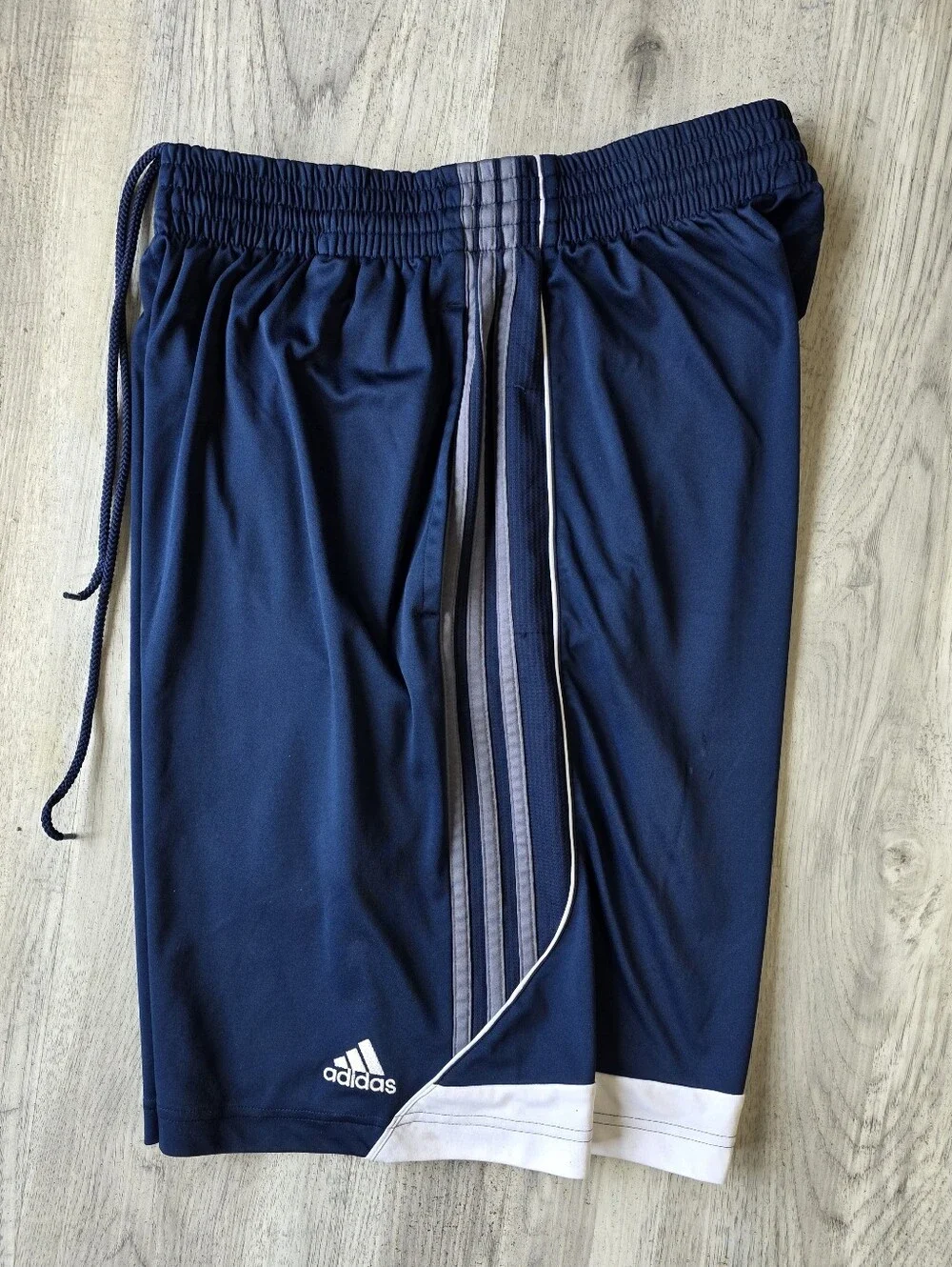 Adidas ClimaLite Mens Athletic Shorts Large Navy Blue 3 Stripe Drawstring
